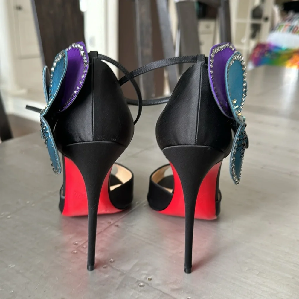 Christian Louboutin pensamoi black satin crystal peep toe stiletto RARE sz 38